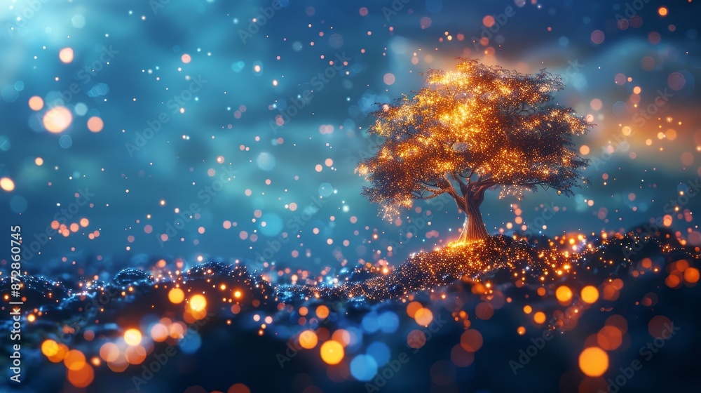 Poster digitally illustrated digital tree growth in a futuristic polygonal style, representing a stock or e