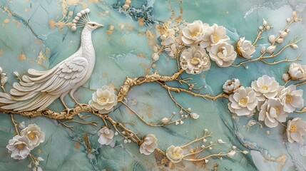 Background. Abstract painting. Golden peacocks, branches, flowers, and branches. Painting. Posters, cards, murals, prints.