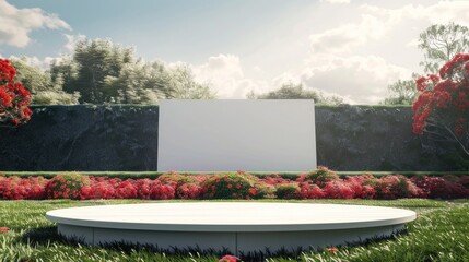 Elegant podium on prestigious lawn, vivid billboard mockup. Luxurious colors for elite gatherings.