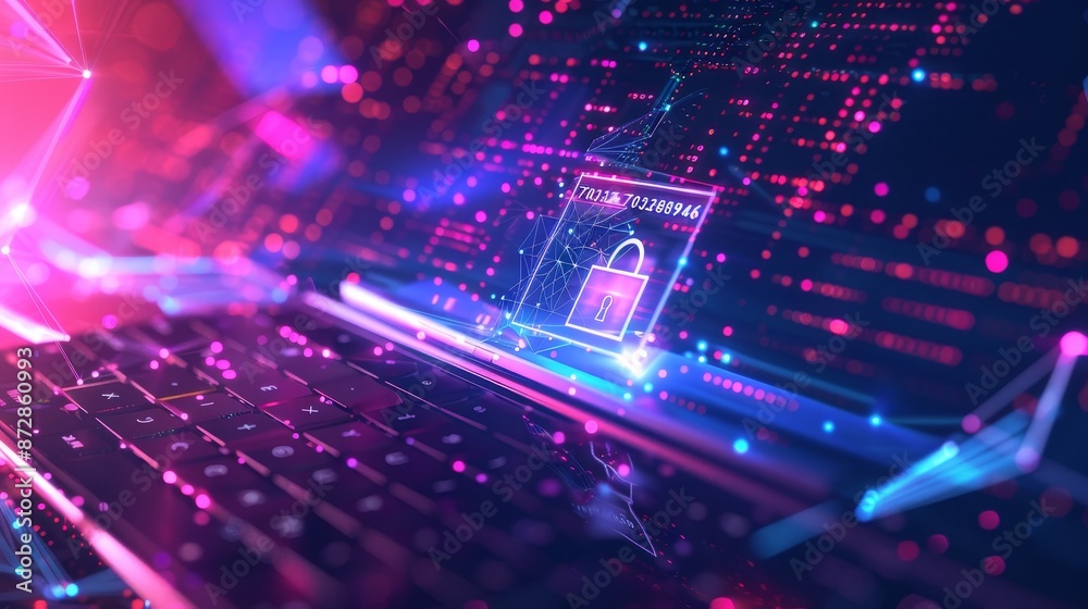 Poster A low poly wireframe illustration of a lock on a laptop screen. It represents the concept of securing digital data and keeping it safe.