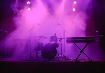 Silhouette of Drum Set and Keyboard on Stage with Purple Lighting and Smoke