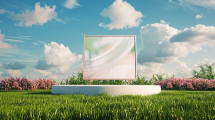 Elegant podium on prestigious lawn, vivid billboard mockup. Luxurious colors for elite gatherings.