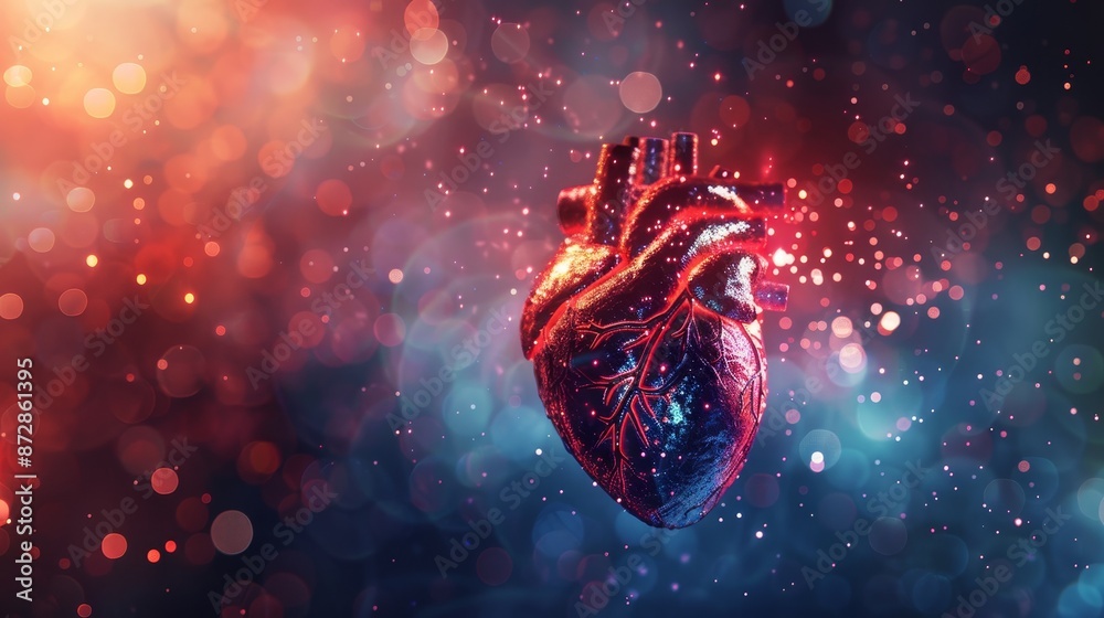Aufkleber Human heart in an abstract red color behind a futuristic blue guard shield. Low poly style. Geometric backgrounds. Wireframe connection structure. Modern 3D graphics.