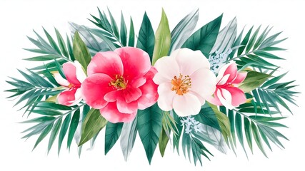 Obraz premium Tropical spring floral green leaves and flowers isolated on a white background, bouquets greeting or wedding card decoration, watercolor.
