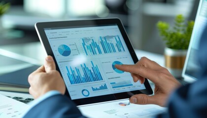 Digital Marketing Analysis by Business Professional on Tablet in Modern Office Setting