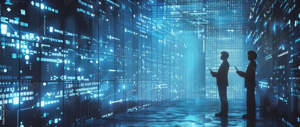 Aufkleber An industrial engineer and an engineer use a tablet computer and big data statistics to optimize production at a high-tech electronics facility, illustrating the benefits of factory data mining