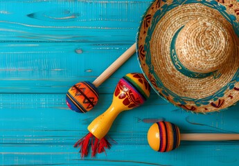 Sombrero, Maracas, and Blue Wooden Table