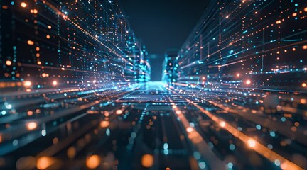 A computer generated image of a city with a blue and orange background. The image is full of dots and lines, giving it a futuristic and technological feel