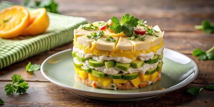Traditional Peruvian food, causa limena with layers of potato, chicken, avocado, and mayo , cuisine, Peruvian