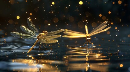 A pair of golden dragonflies dancing gracefully over a shimmering black pond, their delicate wings glistening in the moonlight.