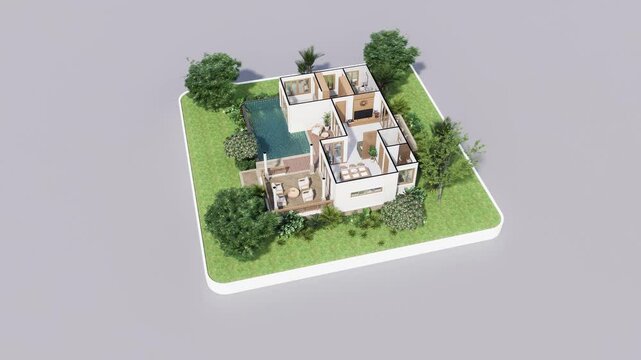 3d animation render isometric floor plan of modern contemporary house with green garden on white base isolated on gray background