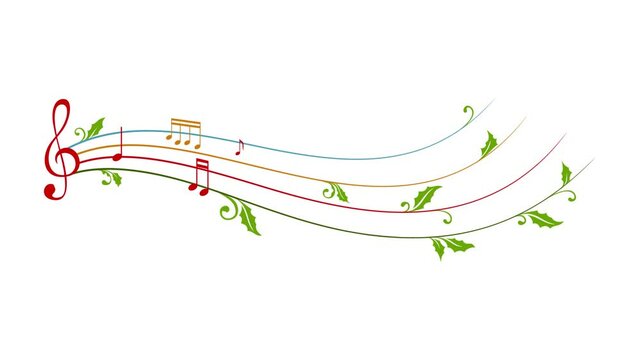 Christmas design element form musical notes, holly leaves and snowflakes. Winter holiday decoration. Transparent background.