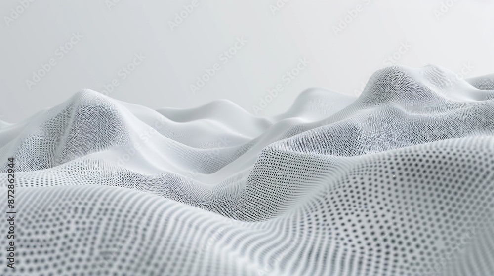 Poster 3D render of a polygonal white and gray tech network over a background of dots and lines.