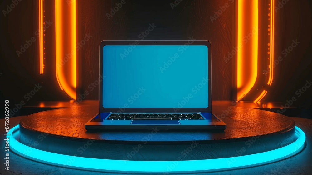 Poster there is an empty touch screen laptop on a futuristic podium with neon lighting and a blank blue scr