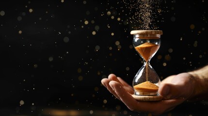 Time running out hourglass with falling sand on black background