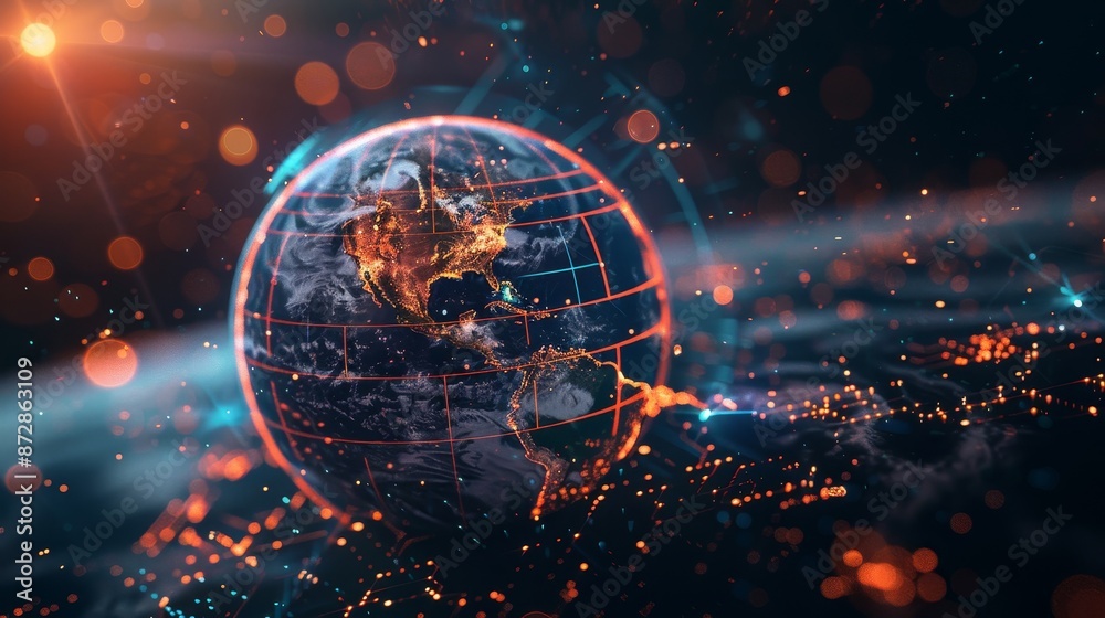 Aufkleber Conceptual illustration of a globular earth made up of light dots on a dark background. 3D sci-fi interface with holographic globe over dashboard. Holographic globe in technical computer.
