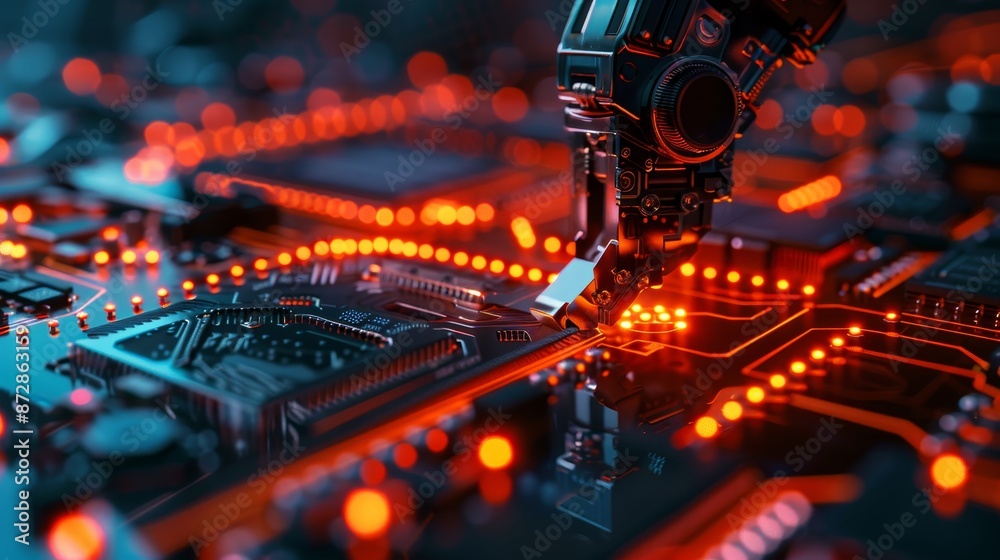 Poster Robots assemble circuit boards with chips, CPUs, and electronic components.