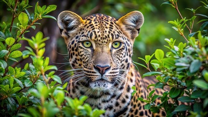 Naklejka premium Close up of a leopard camouflaged in bushes , leopard, close up, predator, wildlife, animal, fur, spots, nature, African
