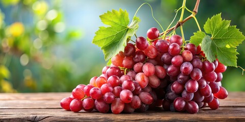 Obraz premium Bunch of red grapes with fresh green leaves, grapes, red, fresh, green, leaves, vine, food, fruit, organic, agriculture, harvest