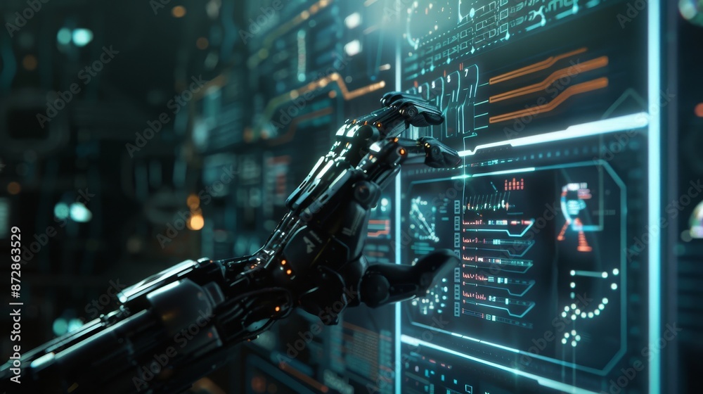 Leinwandbilder Robot hand graphic using futuristic interfaces in virtual reality or stock technology
