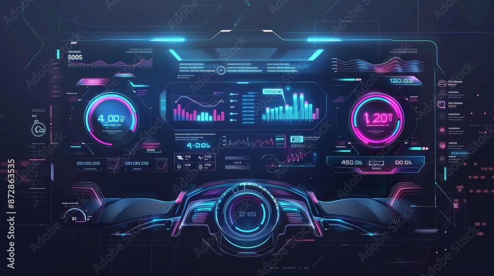 Poster Hologram in a HUD UI on a car's dashboard. Scan and analyze data from the car. Modern Design, Diagnostic Auto. Viral Graphical Interface for car diagnostics.