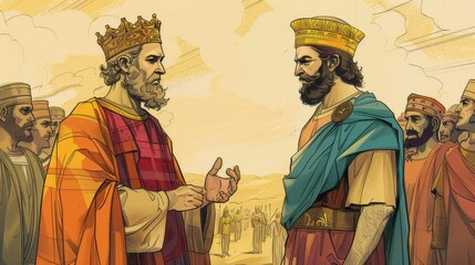 Fototapeta premium 1 Kings,Micaiah Prophesies Against Ahab,Micaiah's True Prophecy, Biblical Illustration, Themes of Judgment and Deception, Beige Background, Copyspace
