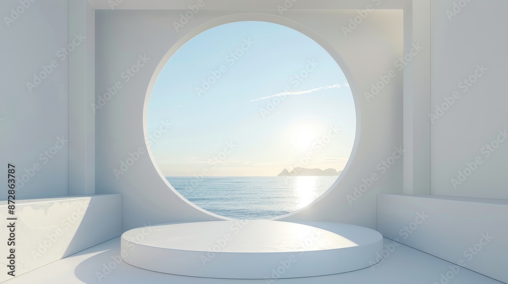 Aufkleber This 3D render background shows a geometrical shape on a podium in natural daylight. A minimalist landscape background with a sea view in summer.