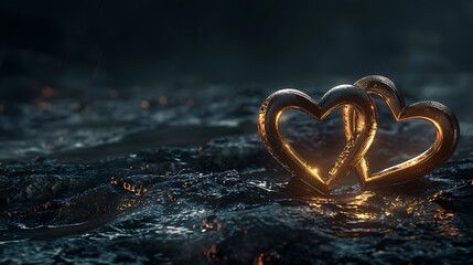 A pair of intertwined golden hearts floating above a sea of darkness, bound together by an eternal love.