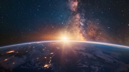 Sunrise Over Earth From Space With Milky Way