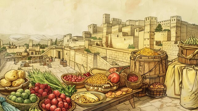 2 Kings,The Siege Lifted,Provision and Fulfillment of Prophecy: Siege Lifted - Biblical Illustration on Beige Background with Copyspace