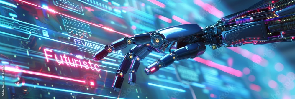 Aufkleber As a wide banner with copy space design, a robot finger points to a data datum and is connected by a hologram for the future of robotic productivity and automation efficiency.