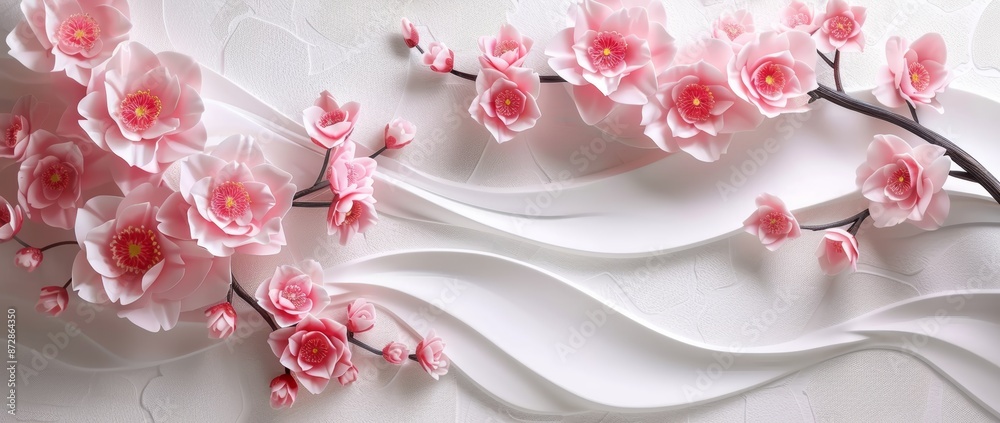 Poster The background is a floral pattern with a modern Japanese pattern. It is a template for cherry blossom icons.