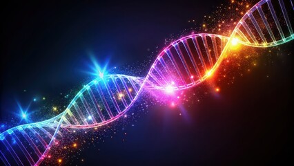 Glowing, colorful DNA strand on dark background, DNA, genetic, science, research, biology, glowing, vibrant, colorful