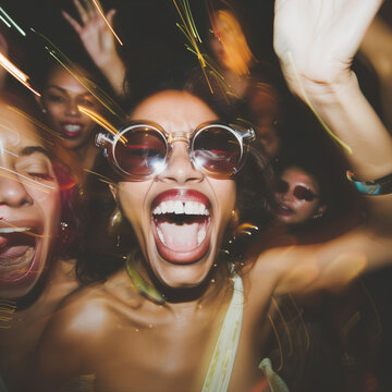 Afro american girl enjoying a music festival with friends- low camera flash speed