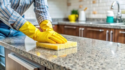 A person scrubbing a granite kitchen counter with a yellow sponge , cleaning, kitchen, household, hygiene, maintenance