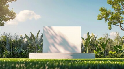 Elegant podium on luxurious lawn, vibrant billboard mockup, and sophisticated colors. Perfect for elite gatherings.