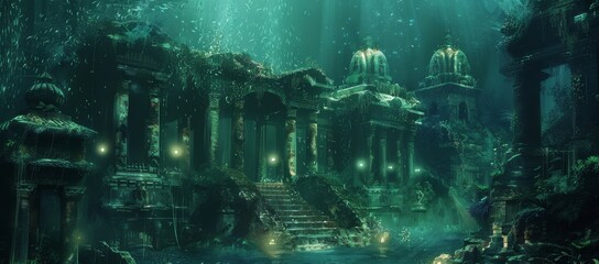 Underwater sunken ancient city with ruins and treasures of Atlantis, diving, catacombs, ocean, sea, bay. 3D rendering artwork.