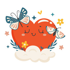 An abstract red heart surrounded by butterflies and flowers. He's in the clouds. A vivid image on the theme of love and passion. Vector image on a white background