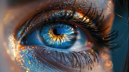 This macro view captures the vibrant details of a blue eye with glowing orange elements, highlighting the intricate patterns of the iris and the fine details of the eye.