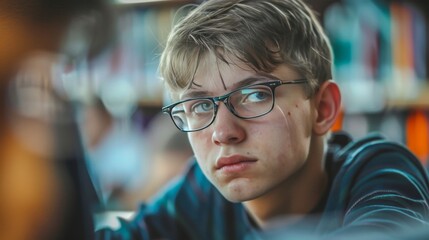 Detailed close up of a diligent student fully focused and attentive in a realistic photo