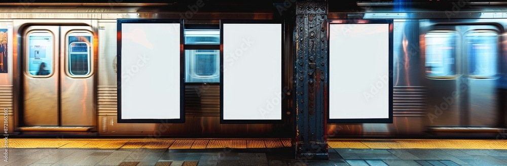 Aufkleber Billboard posters at railway station with blank billboard spaces. 3D illustration. White light box screen with white blank spaces for advertising.