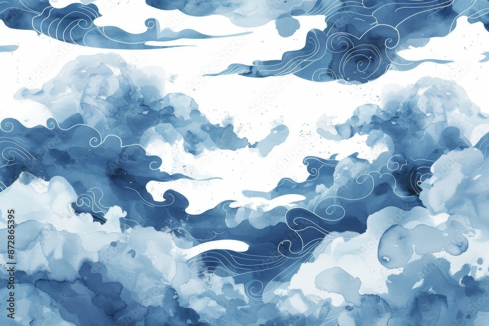 Poster blue brush stroke with japanese oriental style, clouds waves isolated on white background. abstract 