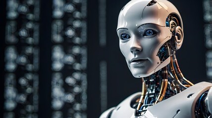 Futuristic AI Robot in Abstract Digital Space with Holographic Elements and Lights, Cyber Future Technology Concept