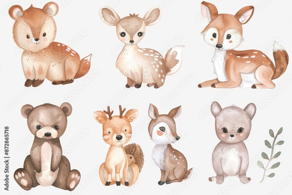 Sticker In 3D style, there are hare, fox, bear, hedgehog, and deer. Isolated.