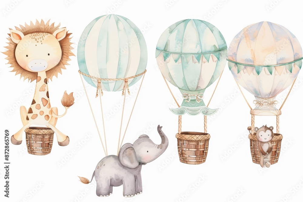 Wall mural animal set in watercolor style zebra, elephant, giraffe, hippopotamus, monkey in hot air balloon. is