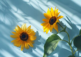 Two Sunflowers with Long Shadows on Blue Background