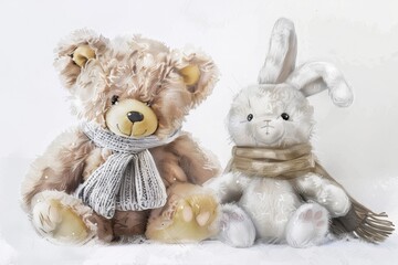 Fototapeta premium Isolated illustration of a 3D bear and bunny in a modern environment.