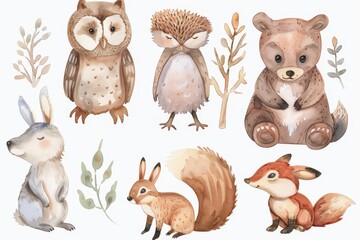 Naklejka premium Set of safari animals in 3D style, including bear, squirrel, fox, owl, hedgehog and hare. Isolated.