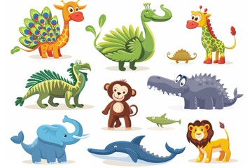 In watercolor style, Safari Animals set includes chameleons, peacocks, elephants, flamingos, lions, storks, monkeys, dolphins, and crocodiles.
