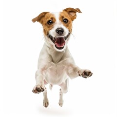 This is a cute, playful Jack Russell Terrier puppy that is jumping on a white background.